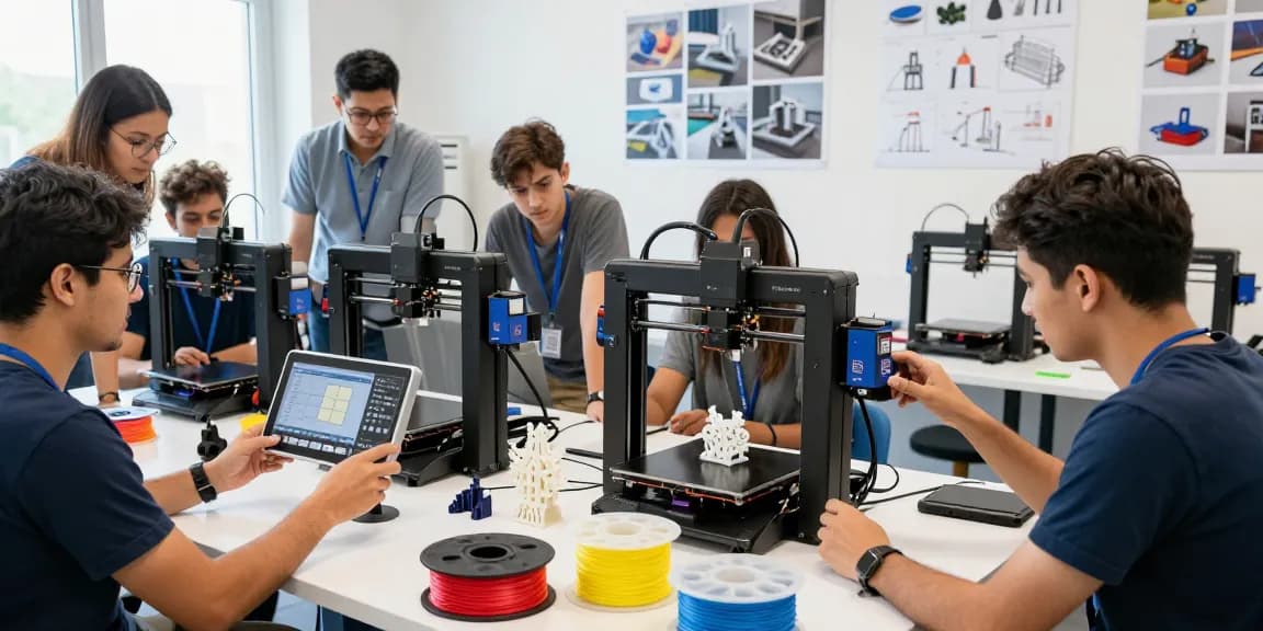 An innovative team collaborating with a creality 3d printer in a bright, modern workshop filled with vibrant filament colors and printed prototypes.