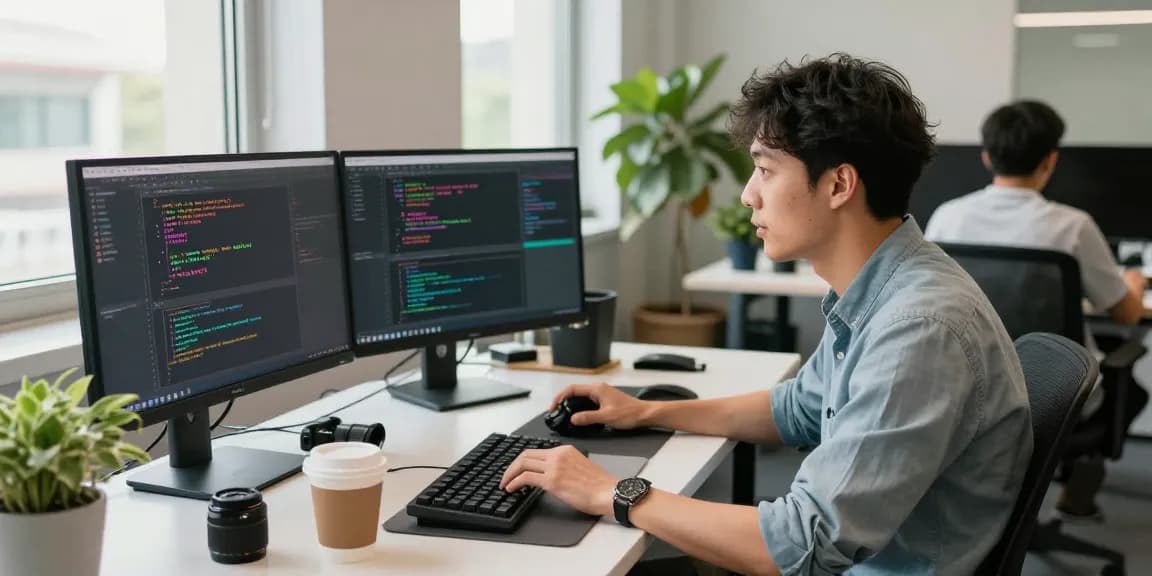 Engaged developer coding with Crush AI tools in a vibrant tech workspace.
