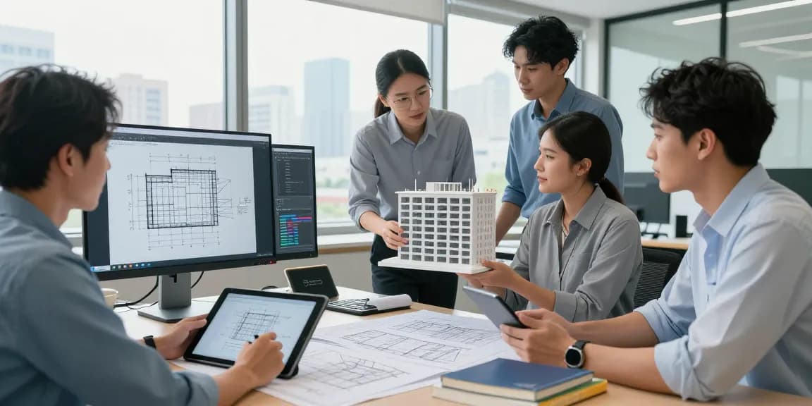 Collaboration among engineers analyzing structural designs in a modern office setting with city views, showcasing expertise in Structural Engineering Consultant USA.