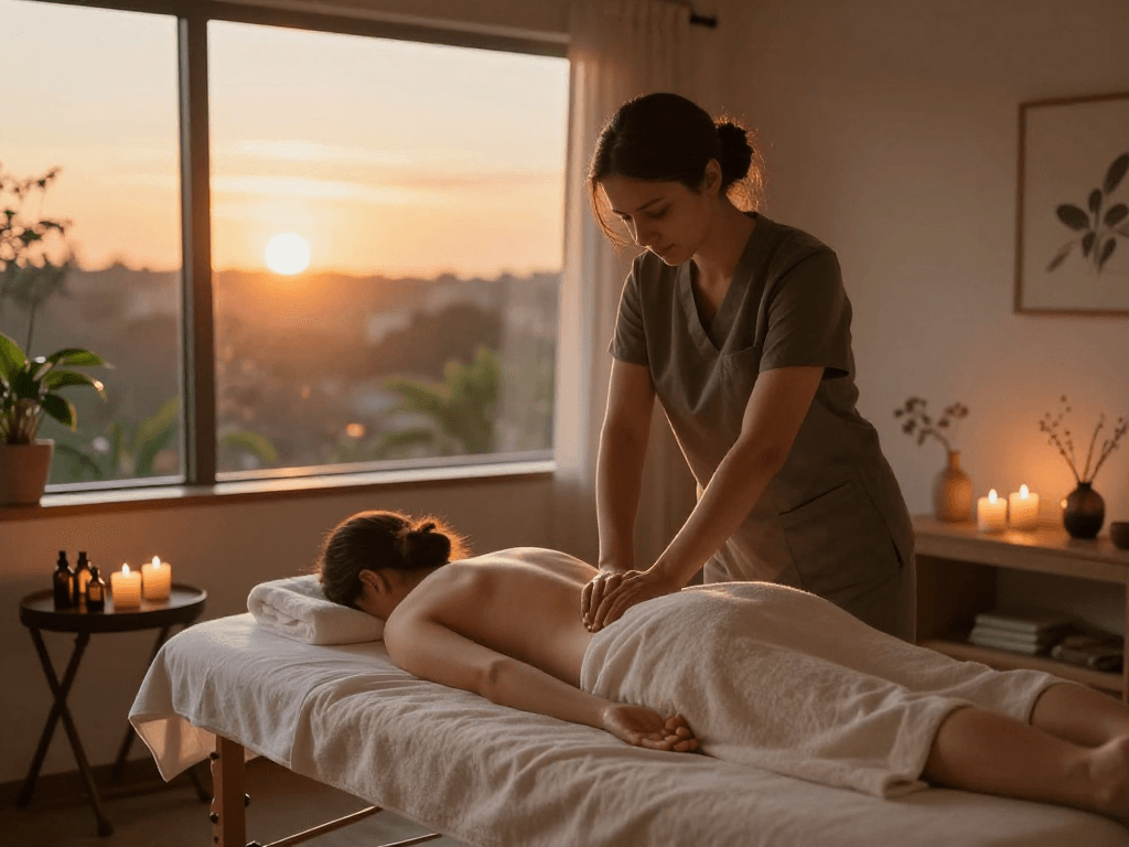 의정부출장마사지 with a professional therapist creating a calming atmosphere in a serene home.