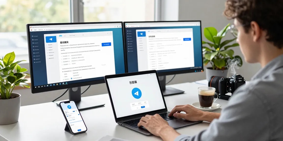 Setting up Telegram Chinese on a laptop in a modern workspace with dual monitors and coffee.