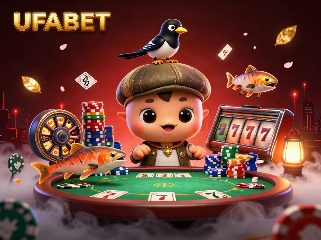 Engage with UFABET's vibrant online experience featuring playful characters amidst dynamic gaming elements.