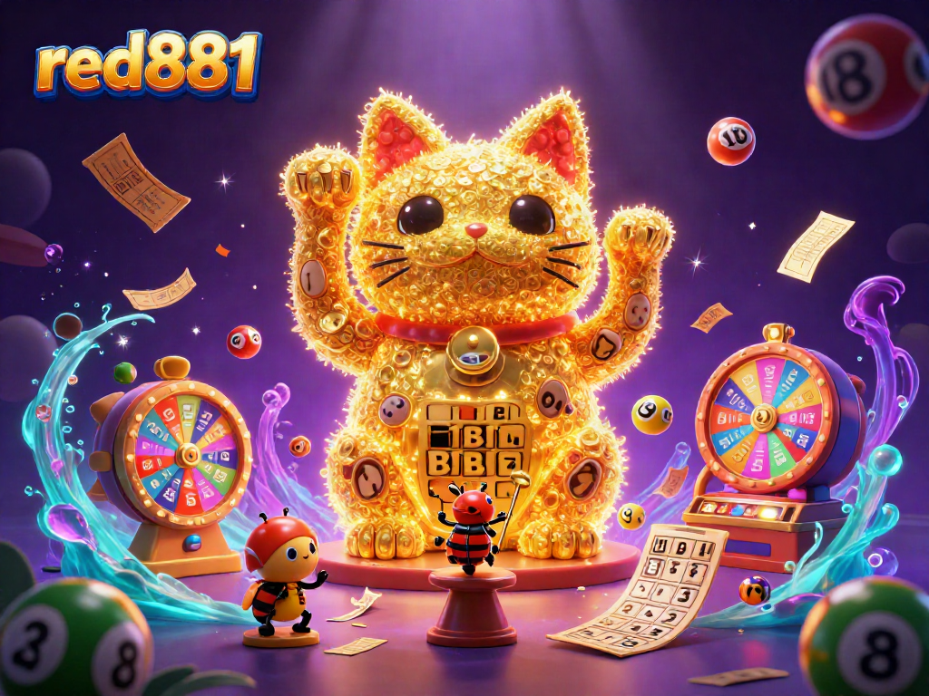 Experience the magic of red881 casino with a lucky cat and vibrant symbols in a dynamic 3D illustration.