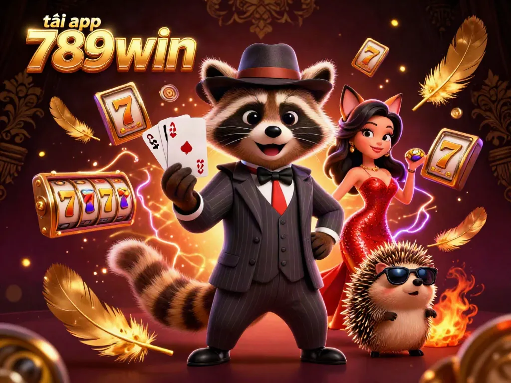 Engage with thrilling gaming at tải app 789win, featuring raccoon in a suit and fox lady amidst sparkling casino elements.
