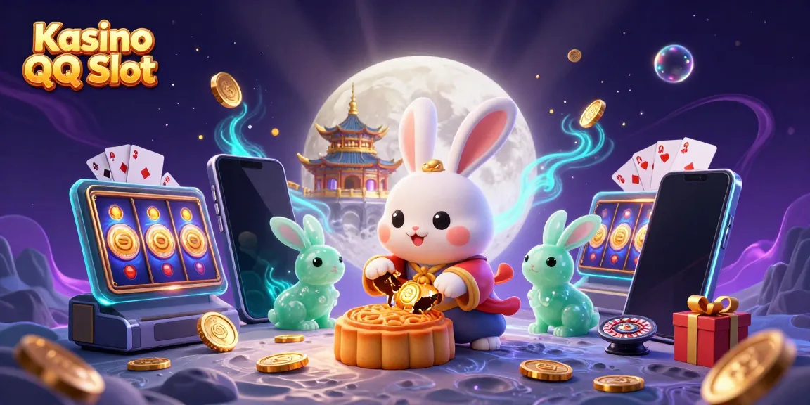 Experience Kasino QQ Slot with a whimsical illustration of a moon rabbit revealing poker chips amidst slot game elements.