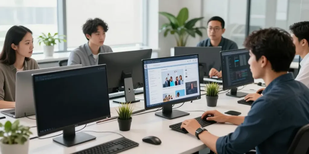 Collaboration marques influenceurs in a modern tech workspace with developers and marketers strategizing.