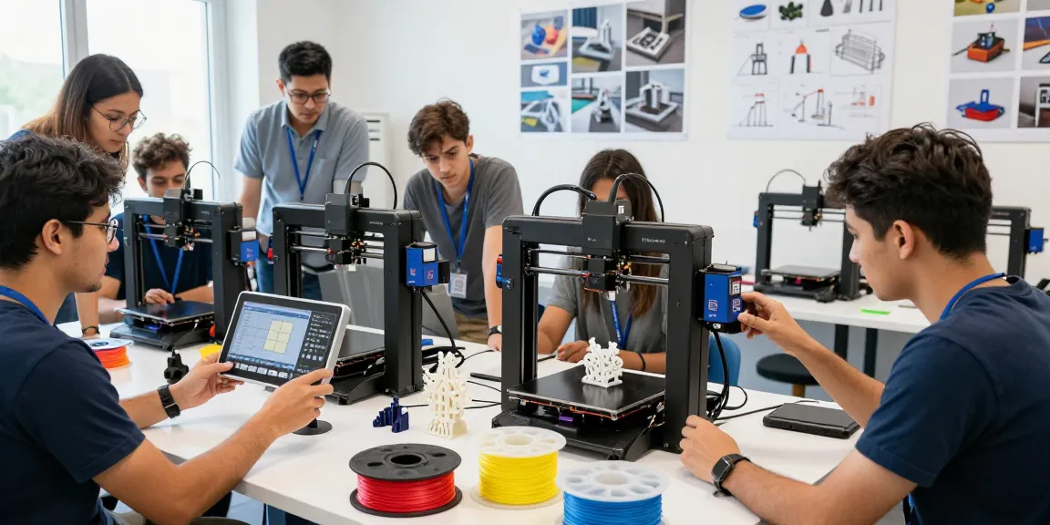 An innovative team collaborating with a creality 3d printer in a bright, modern workshop filled with vibrant filament colors and printed prototypes.