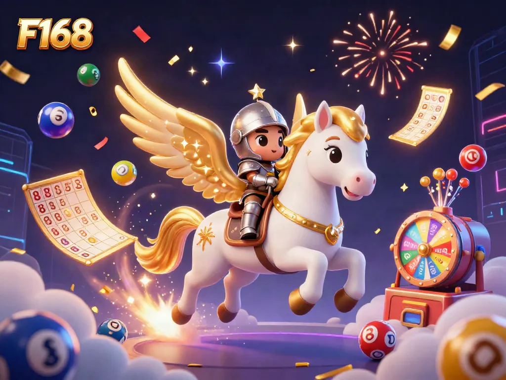 Experience the excitement of F168 with a lively 3D scene of a celestial horse and knight surrounded by casino elements.
