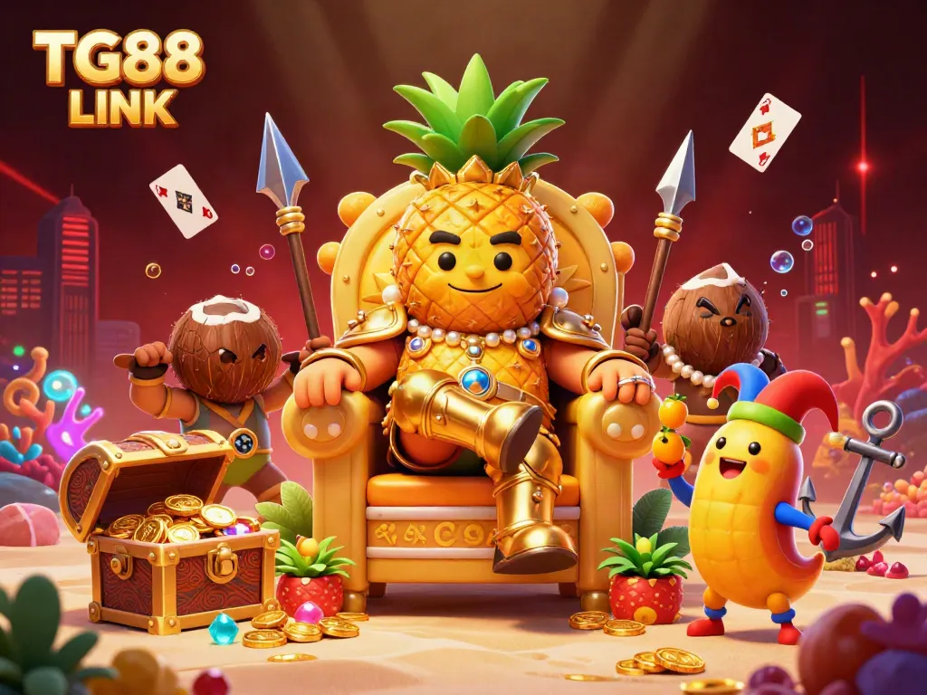 Engage with dynamic gameplay at TG88 LINK with a vibrant 3D casino illustration featuring lively characters and rich gambling elements.