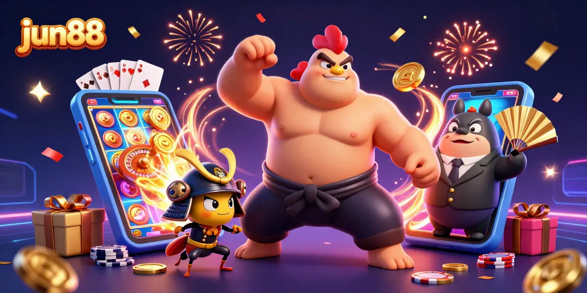 Experience winning excitement at jun88 with a dynamic 3D casino scene featuring characters and vibrant game elements.