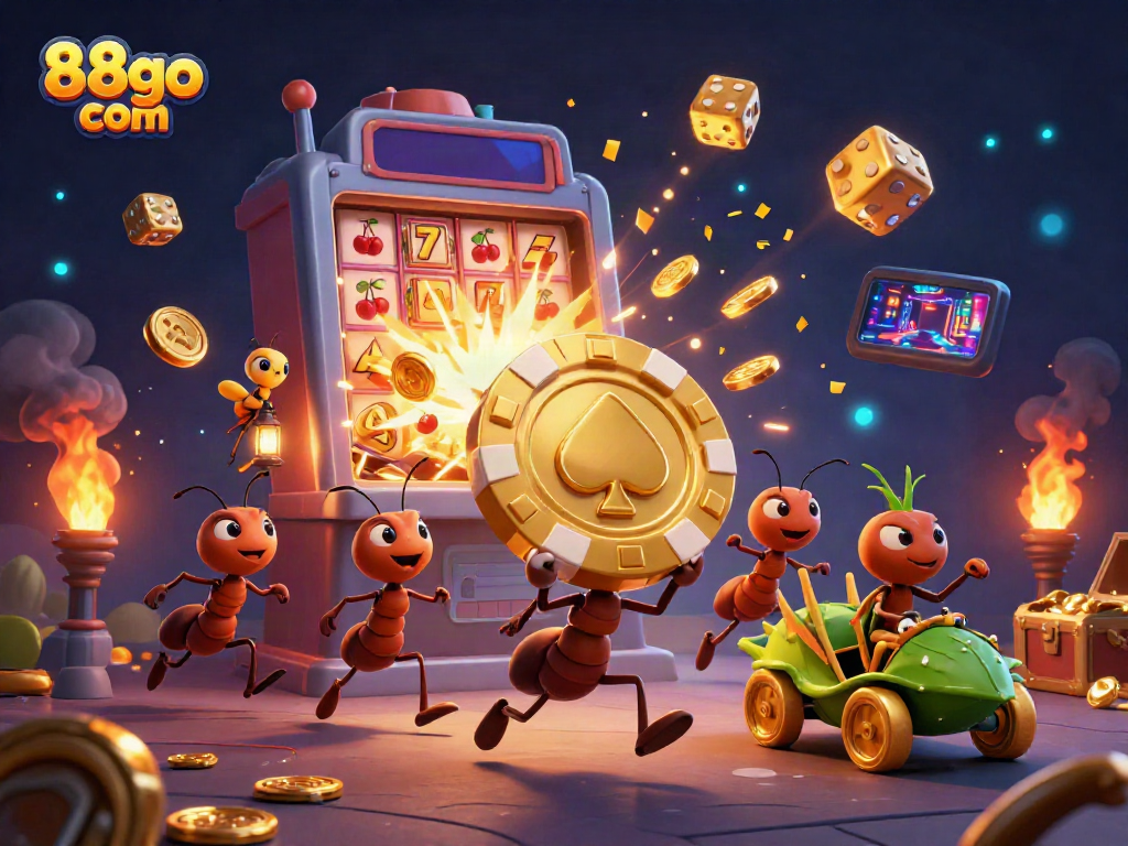 Engage with the vibrant 88go com scene showcasing a heist by ants in a rich casino atmosphere.
