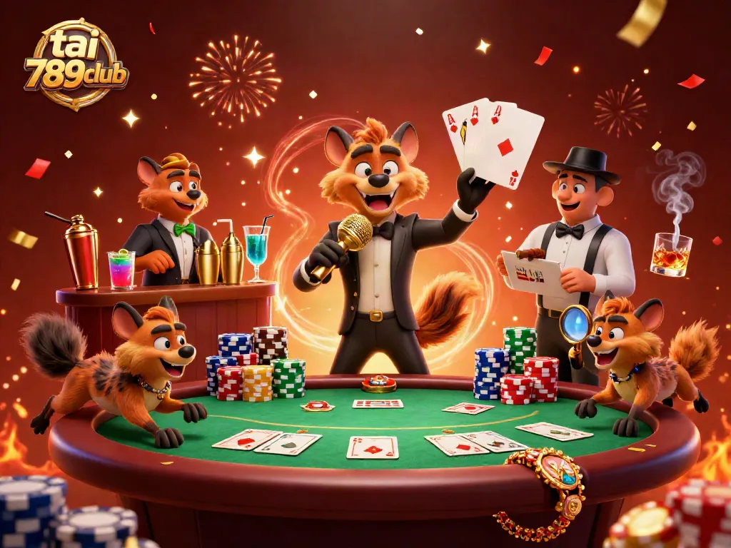 Enjoy the lively casino atmosphere with tai 789club, featuring hyenas in a comedic scene with poker elements.