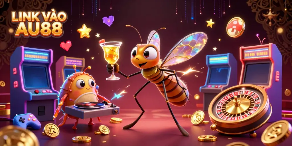 Experience gaming excitement with LINK VÀO AU88 in a vibrant casino scene featuring unique mascots.