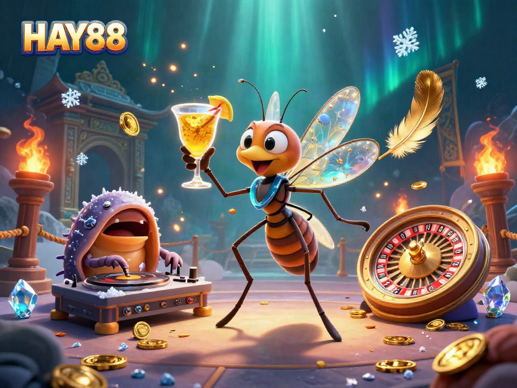 Experience HAY88's vibrant casino scene featuring a frozen mosquito mascot, trilobite DJ, and golden roulette wheel.