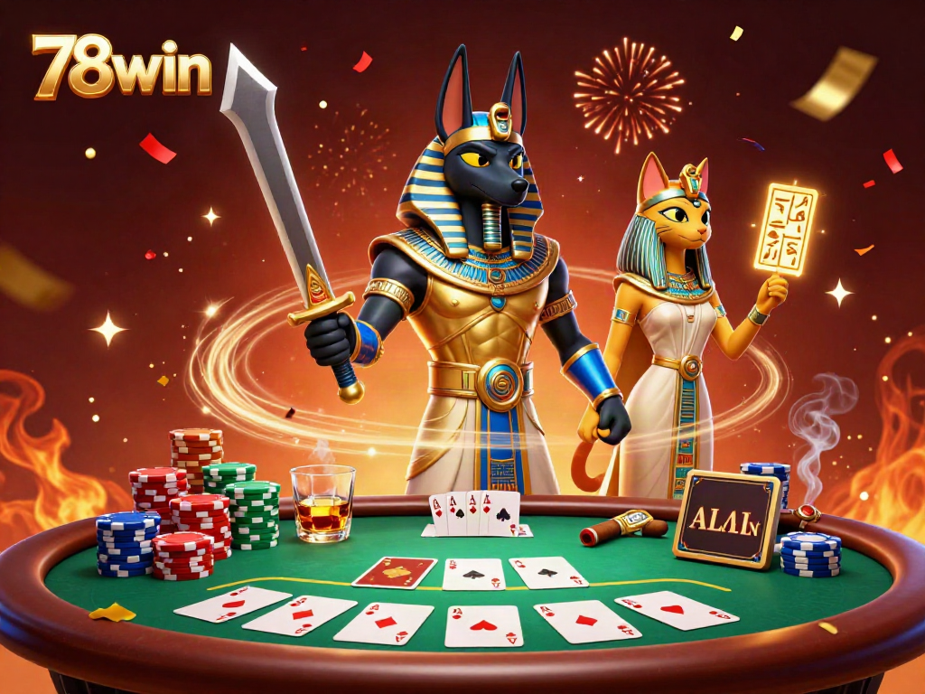 Experience the vibrant world of 78win's online casino with Anubis and Bastet amidst poker excitement.