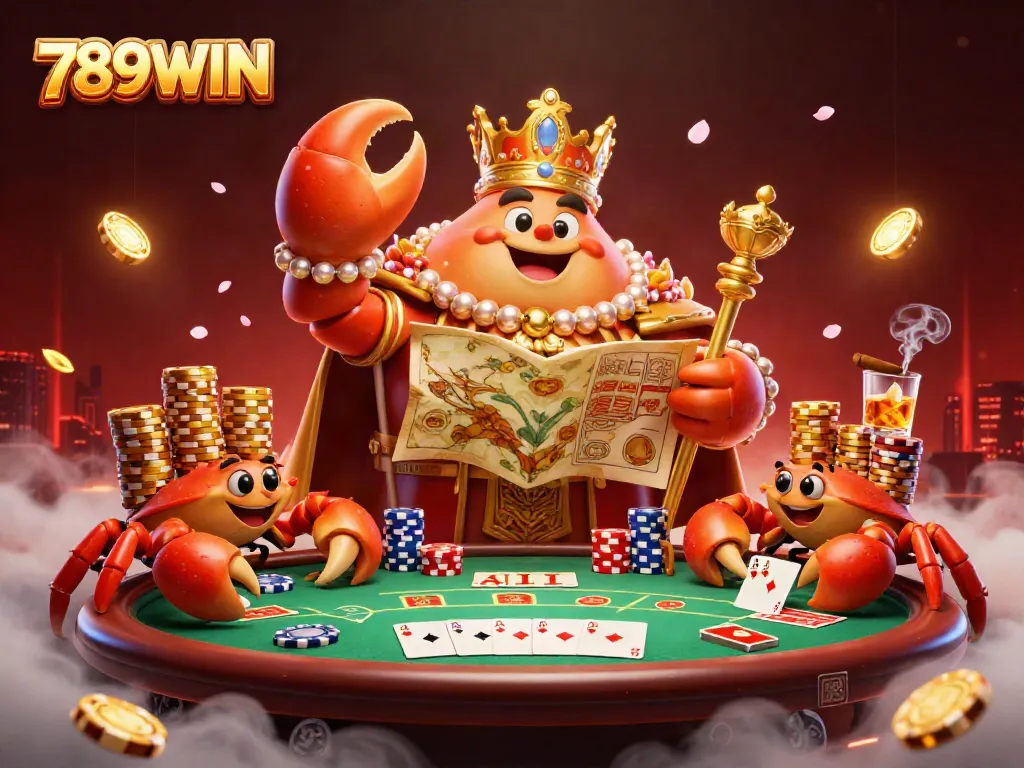 Experience thrilling gameplay at 789WIN with a vibrant 3D casino scene featuring a golden crab emperor and rich poker elements.