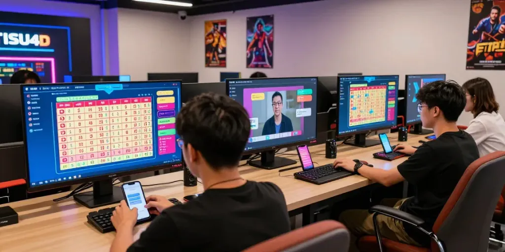 Pengguna TISU4D berinteraksi dengan platform lotere online, suasana dinamis dan modern.
