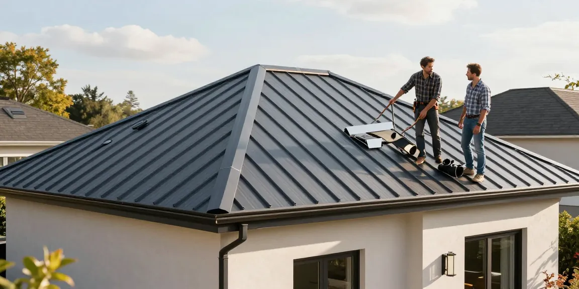 Standing seam roofing company performing roof installation on a modern home, showcasing sleek design and professional service.