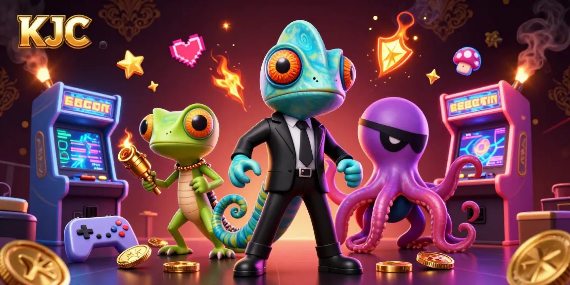 KJC engages players with a colorful casino scene featuring cartoon characters and gaming elements.