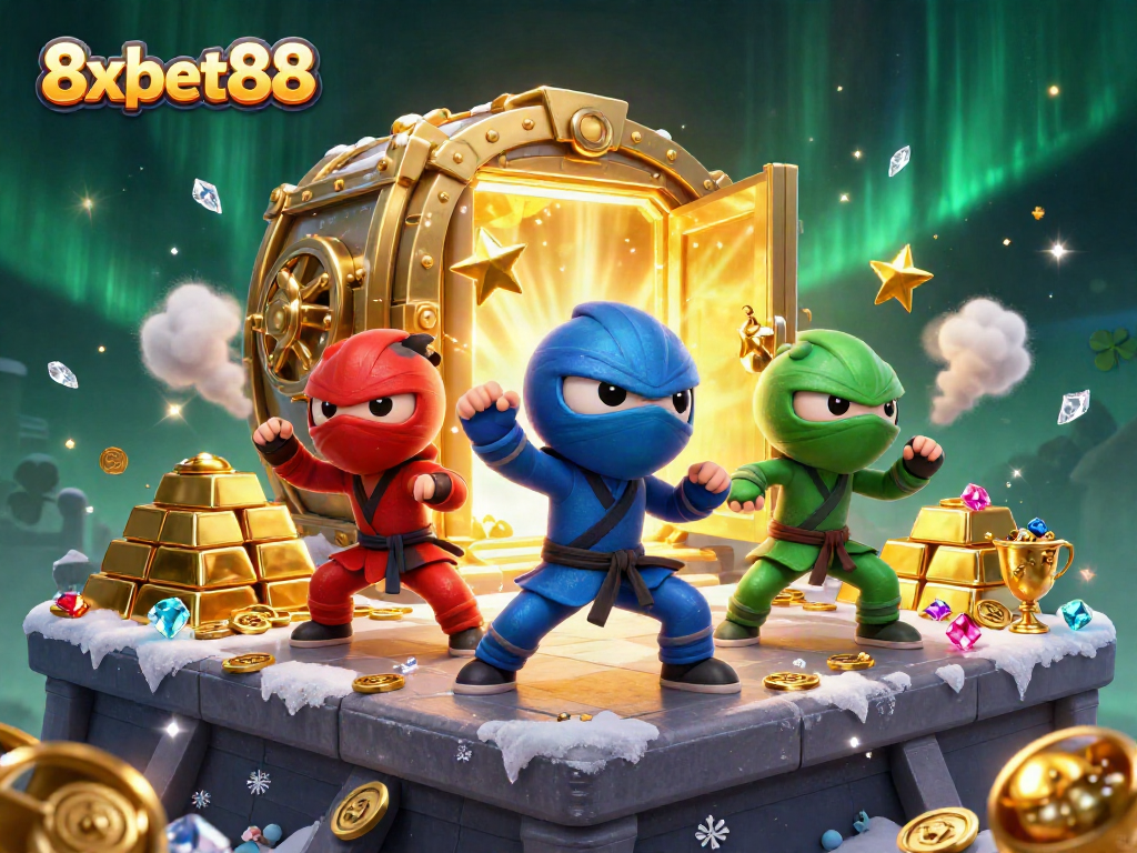 Celebrate wins with the vibrant 8xbet88 casino scene featuring dynamic ninja chameleons and treasures.