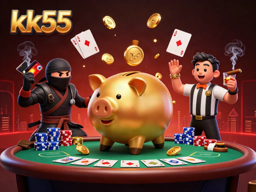Experience thrilling gameplay with kk55 featuring a golden piggy bank sumo wrestler and ninja at a vibrant poker scene.