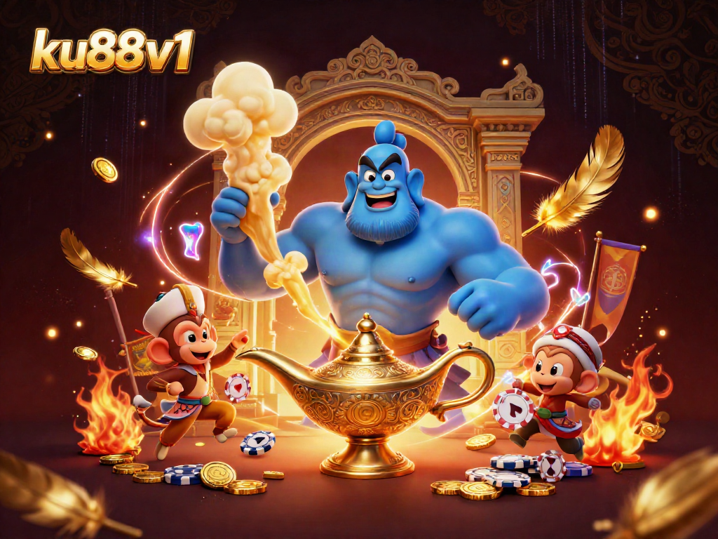 Experience ku88v1 like never before with a lively scene featuring a blue genie and poker chips in action.