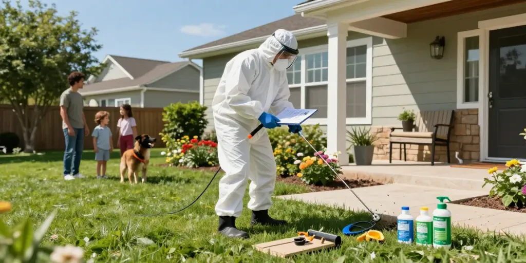 Pest control Calgary expert inspecting a home's foundation for pest prevention.