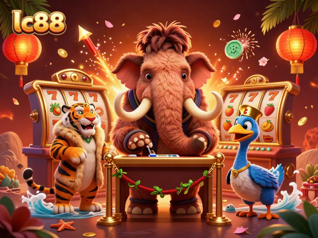Experience the vibrant lc88 casino scene with a woolly mammoth bouncer and engaging slot machines.