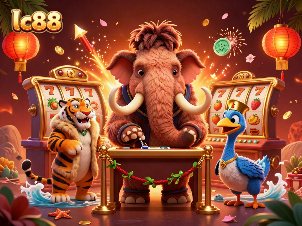 Experience the vibrant lc88 casino scene with a woolly mammoth bouncer and engaging slot machines.