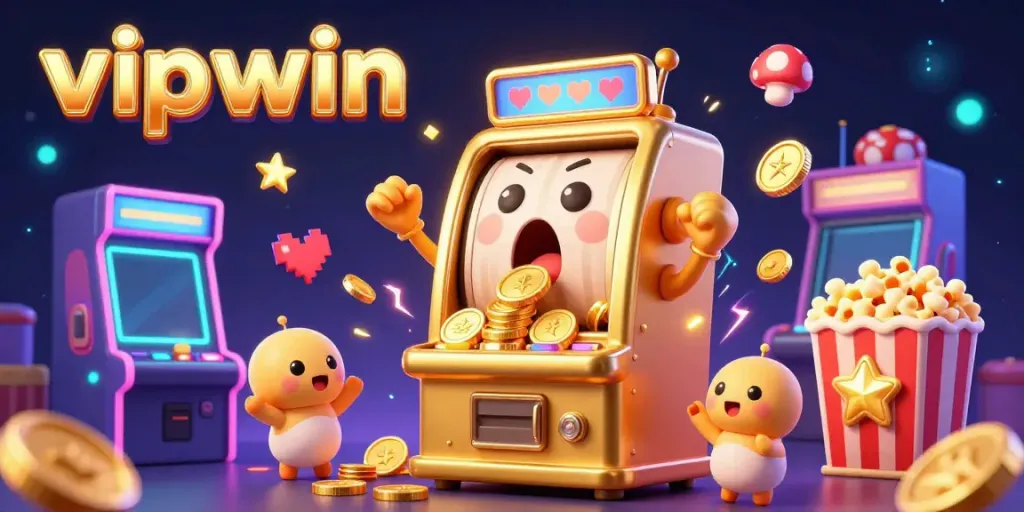 Experience the excitement of vipwin as a golden slot machine celebrates a jackpot, surrounded by cheering machines and game elements.