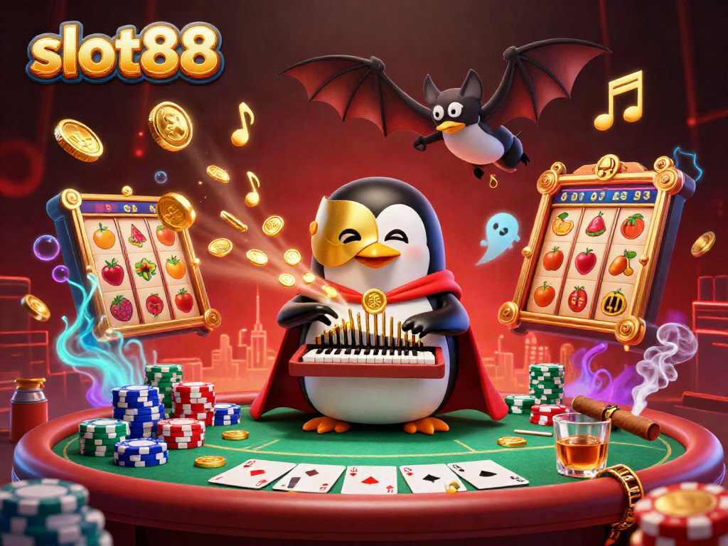 Experience thrilling gameplay with slot88 as a cartoon penguin plays organ, coins burst forth!