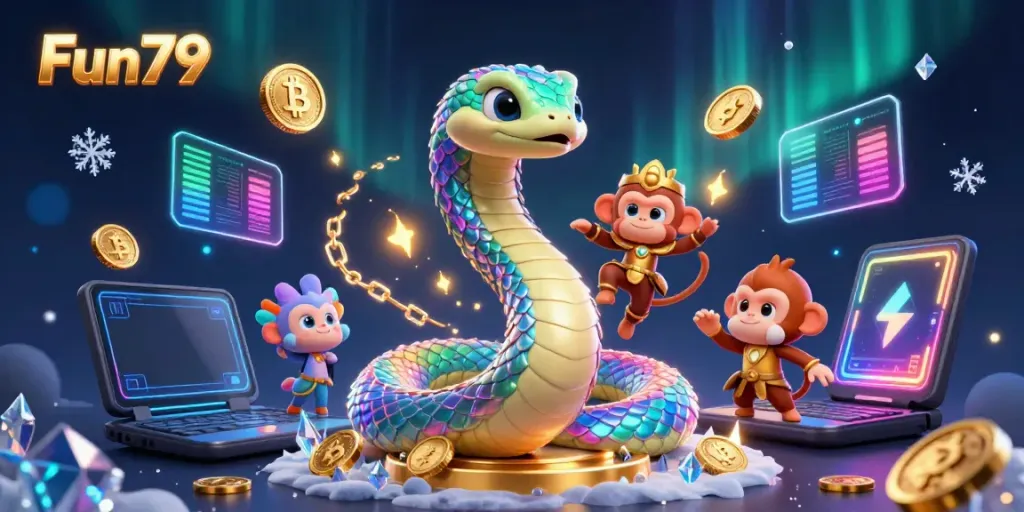 Engage with Fun79's vibrant gaming scene featuring a magical rainbow serpent and playful characters.