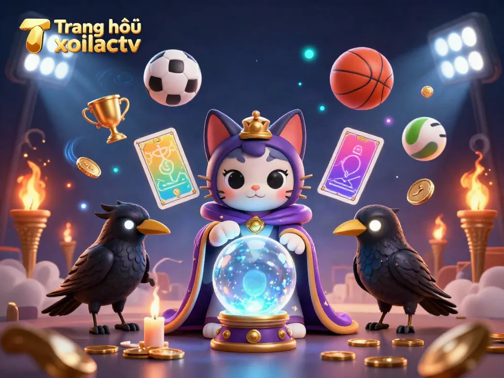 Engage with Trang chủ xoilactv's vibrant illustration depicting a mystical cat, a tarot raven, and dynamic sports elements.