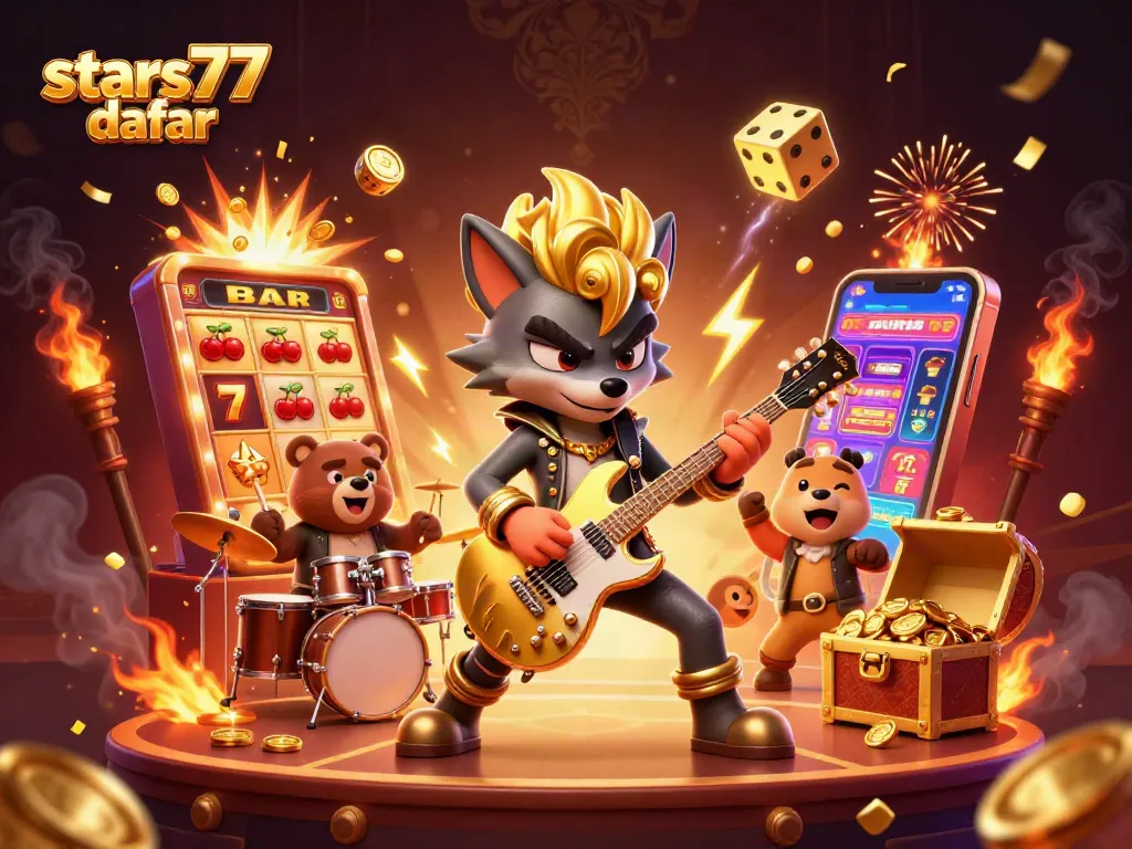 Menghidupkan aksi di dunia perjudian dengan stars77 daftar, menampilkan karakter kartun bermain di atas panggung dengan slot yang meledak.