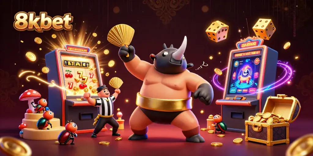 Experience the excitement of 8xbet with a vibrant scene of a beetle champion amidst a jackpot explosion.