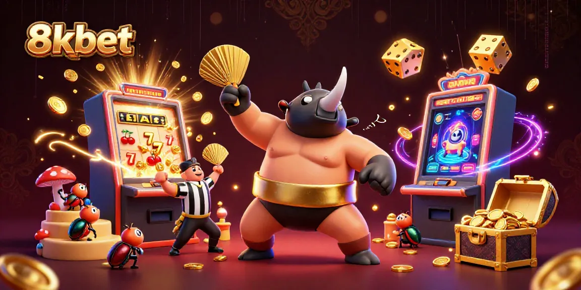 Experience the excitement of 8xbet with a vibrant scene of a beetle champion amidst a jackpot explosion.