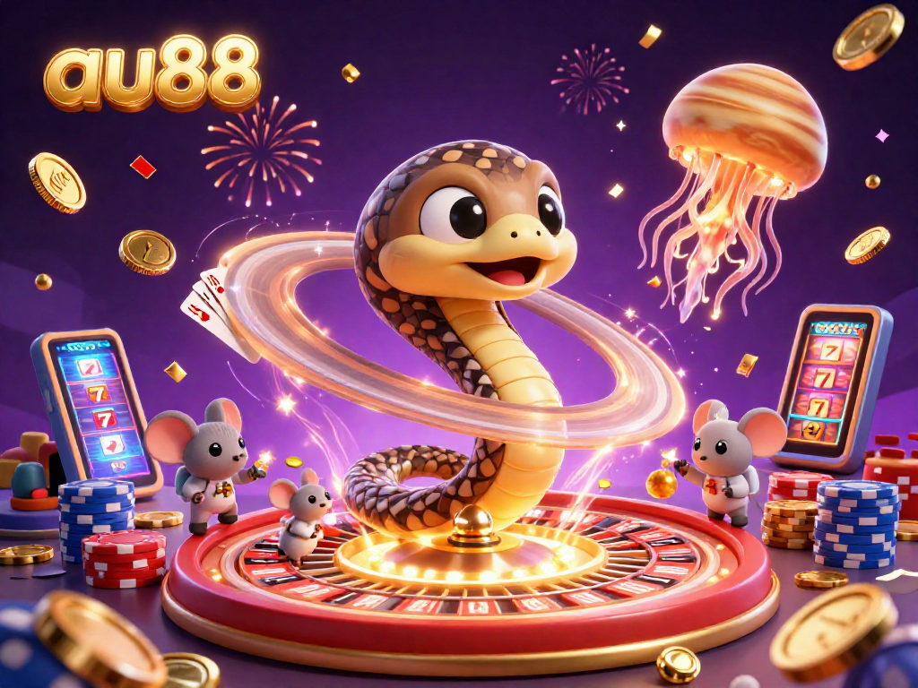 Experience excitement at au88 with 3D cartoon casino elements, roulette, and betting action.
