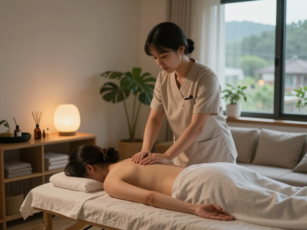 의정부출장마사지 in a relaxing home setting with a professional therapist providing soothing treatment.