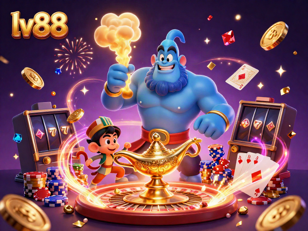 Experience thrilling gambling adventures at lv88 with a vibrant 3D casino illustration featuring magical elements and games.