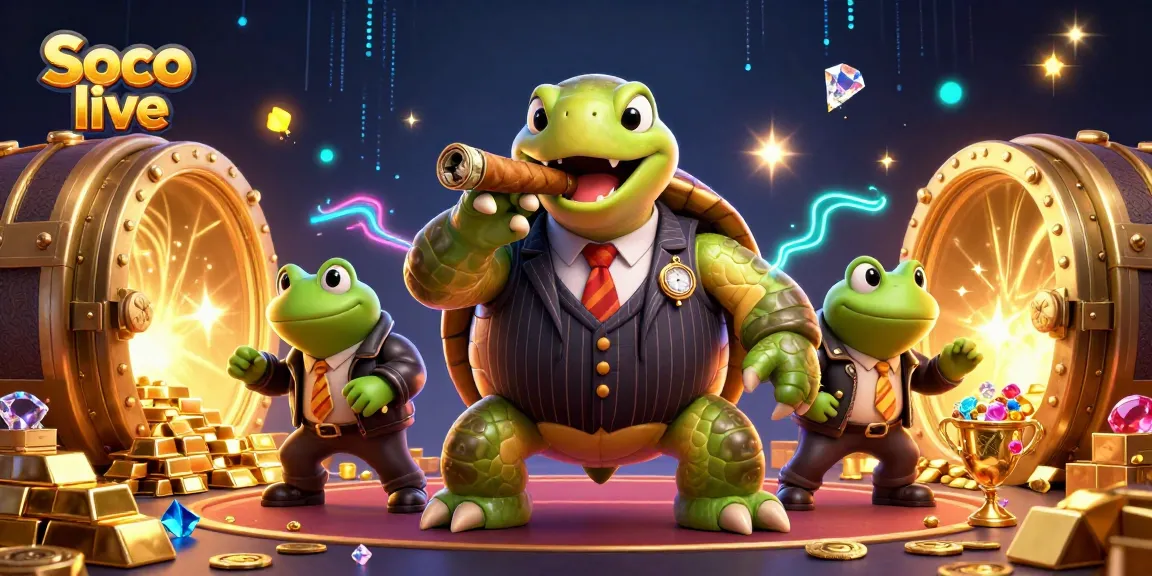Soco live offers a thrilling gambling experience with a detailed illustration of a snapping turtle and bullfrog enforcers in a lively casino scene.