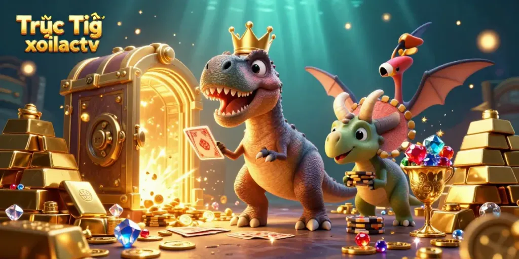 Experience Trực Tiếp xoilactv with a thrilling scene of cartoon dinosaurs playing casino games.