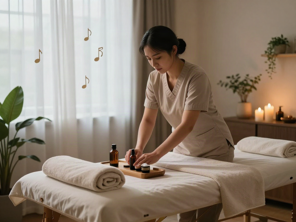 수원출장마사지 scene with a therapist preparing for a calming home session, featuring soothing oils and ambient lighting.