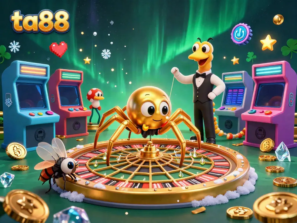 Engage in thrilling bets with ta88 in a lush 3D casino scene featuring a roulette wheel web.
