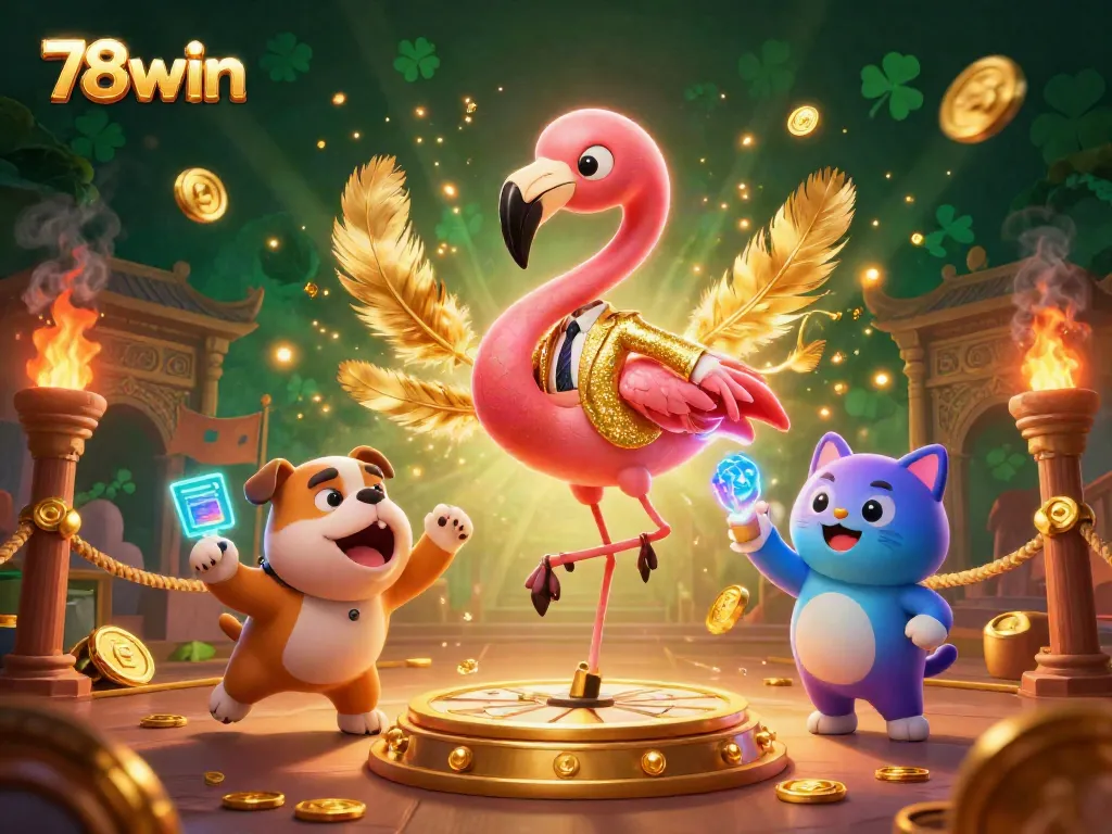 Win big with 78win's exciting casino prize wheel scene filled with vibrant characters and game elements.