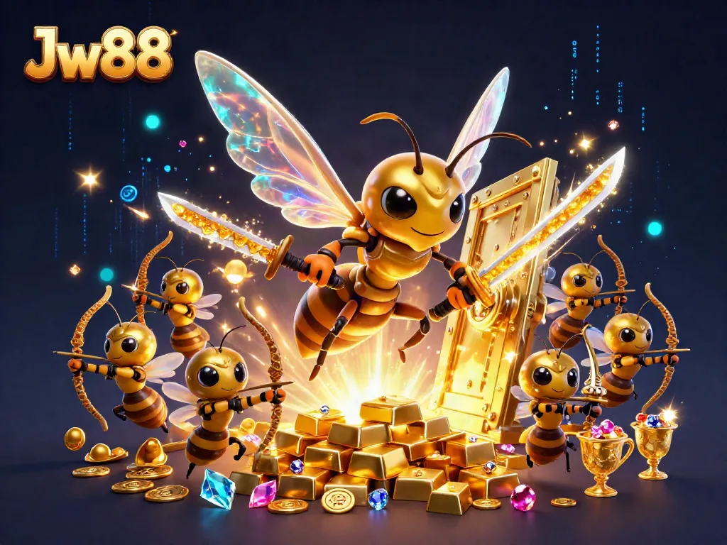 Engage in the vibrant world of Jw88, showcasing a golden hornet in samurai armor amidst treasure and energy.