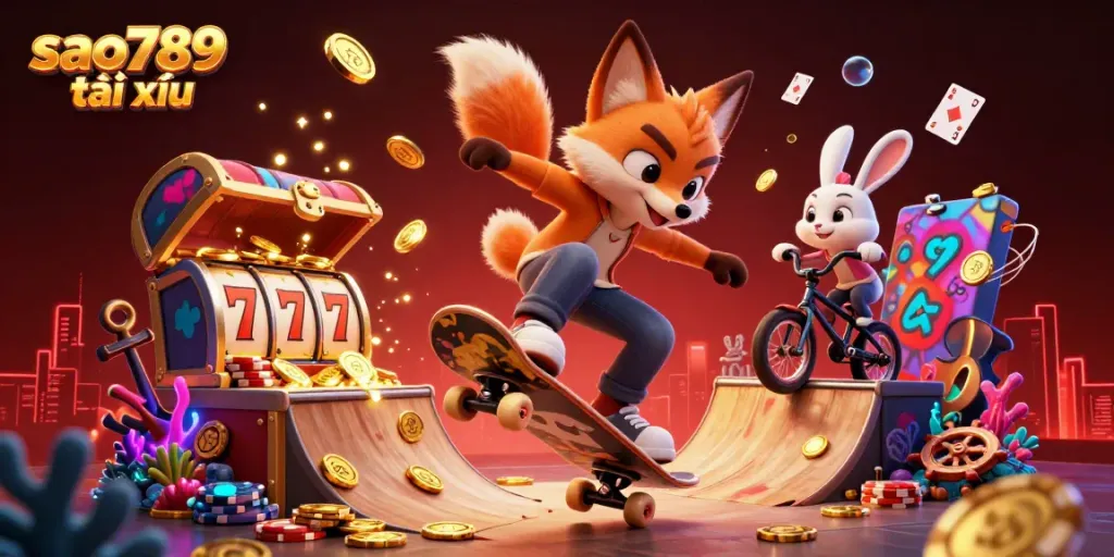Experience intense gameplay with sao789 tài xỉu, featuring vibrant characters and casino elements bursting from treasures.
