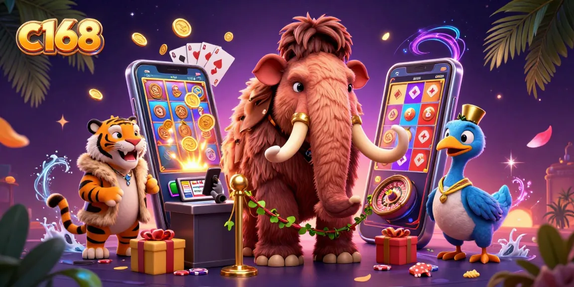 Spin slot reels with c168’s engaging 3D scene featuring a woolly mammoth bouncer and characters.