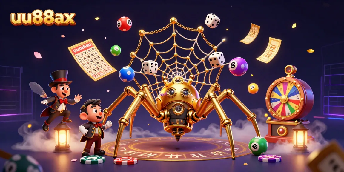 Engage with thrilling bets at uu88ax, featuring a golden spider and lucky dice in an exciting casino scene.