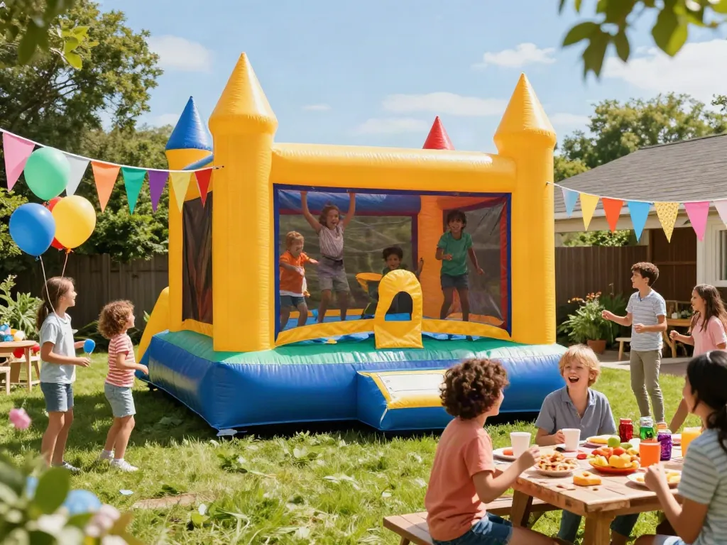 Children playing in a colorful bounce castle at a lively outdoor party.