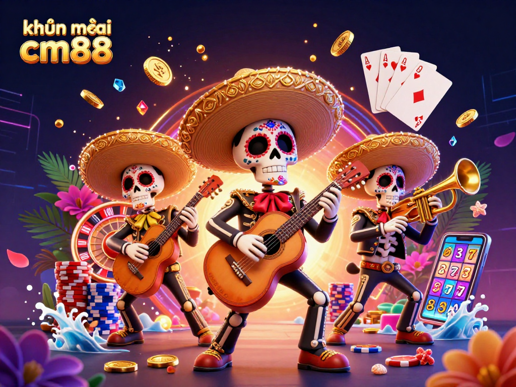 Celebrate with khuyến mãi cm88 in a vibrant scene featuring a colorful mariachi band, exciting game elements, and festive energy.